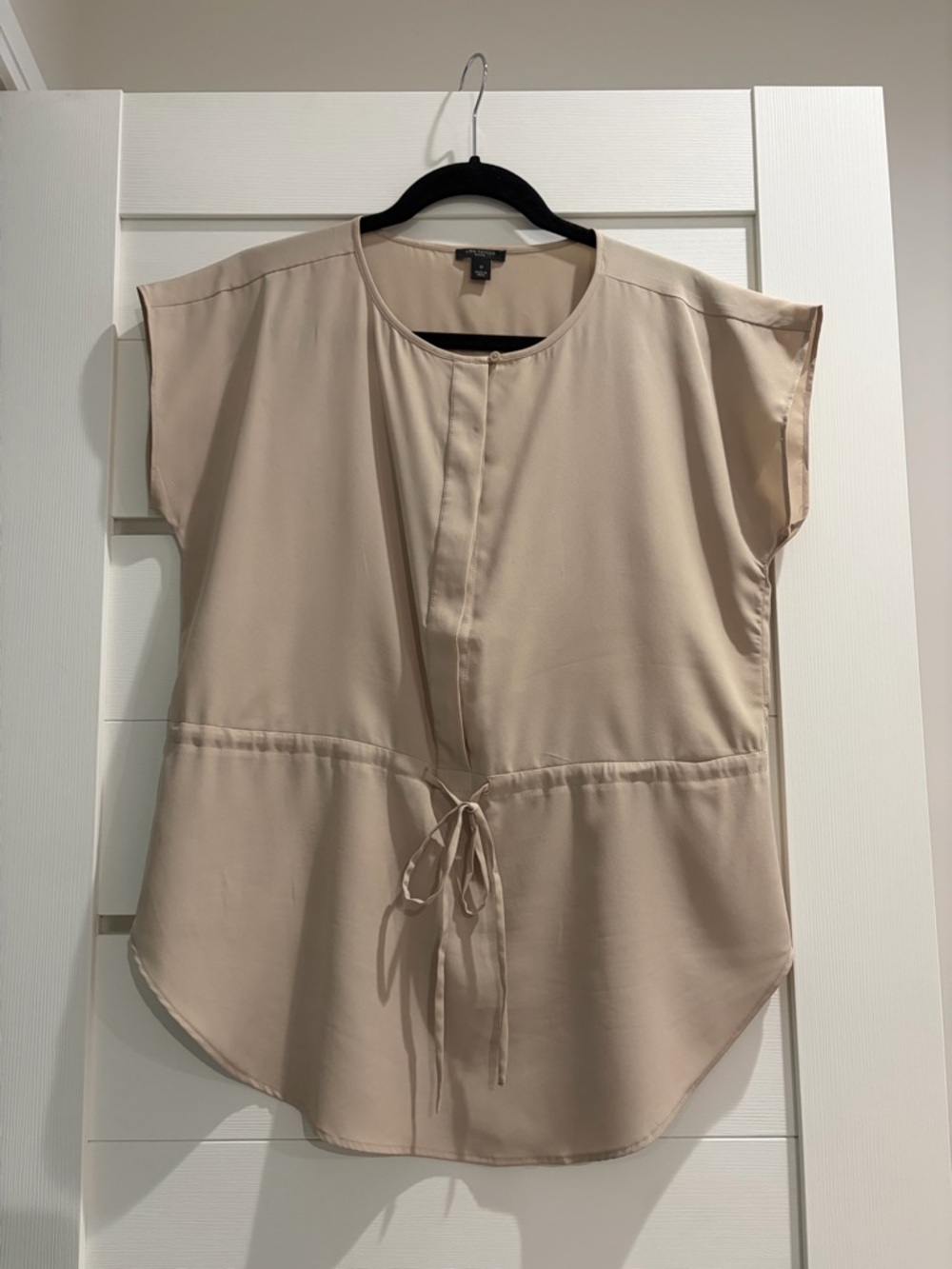 Ann Taylor Drawstring Waist Cap-Sleeve Blouse in Beige- silky feel
